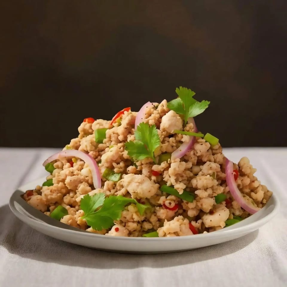 Larb Gai, a Thai minced chicken salad with red onion, green peppers, and cilantro.