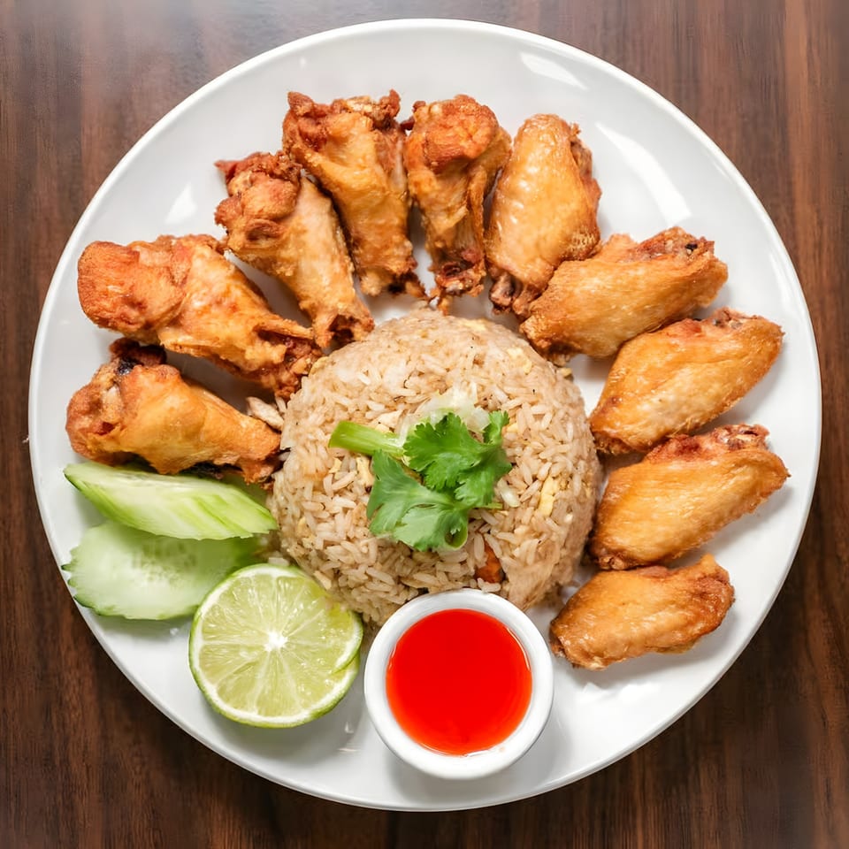 Fried chicken wings and fried rice with lime, cucumber, and sweet chili sauce on a white plate.